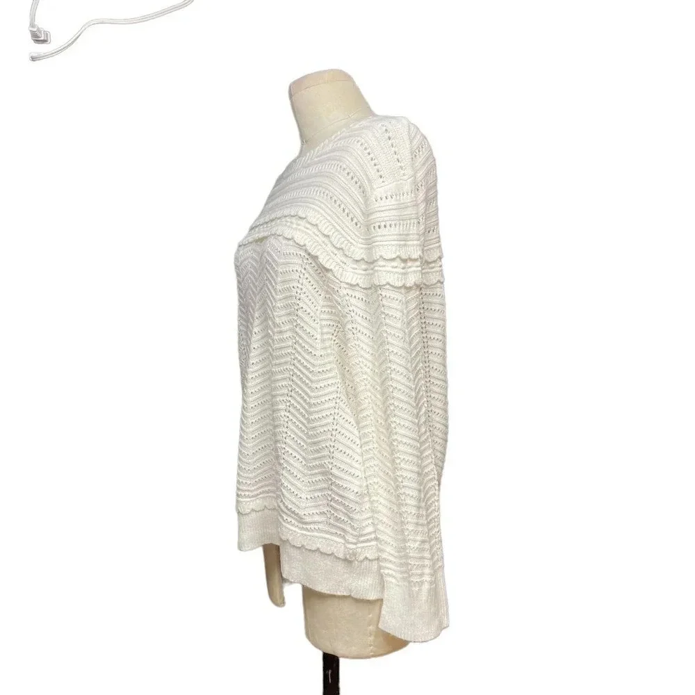 J. Crew Crewneck Scalloped Pointelle Sweater Ivory Size XL‎